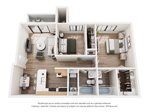 Floor plan for 2 beds, 2 baths, 1025 sqft
